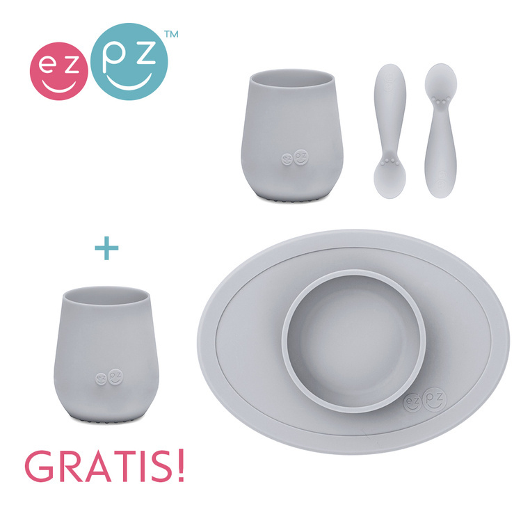 Komplet pierwszych naczyń silikonowych First Foods Set pastelowa szarość + kubeczek Tiny Cup pastelowa szarość GRATIS